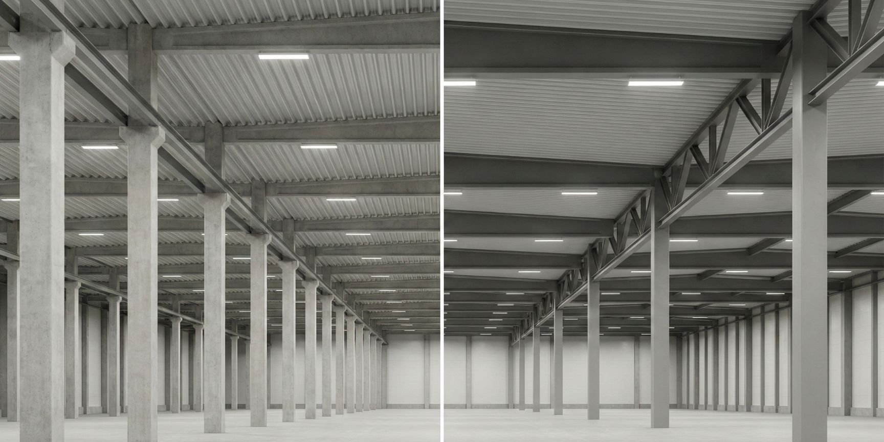 Vergleichsbild zweier Hallenkonstruktionen: Links ein enges Stützenraster mit vielen Betonsäulen und flachen Dachbindern, rechts ein weites Raster mit wenigen Stützen und hohen Stahlfachwerkbindern, was den Einfluss auf die lichte Höhe zeigt